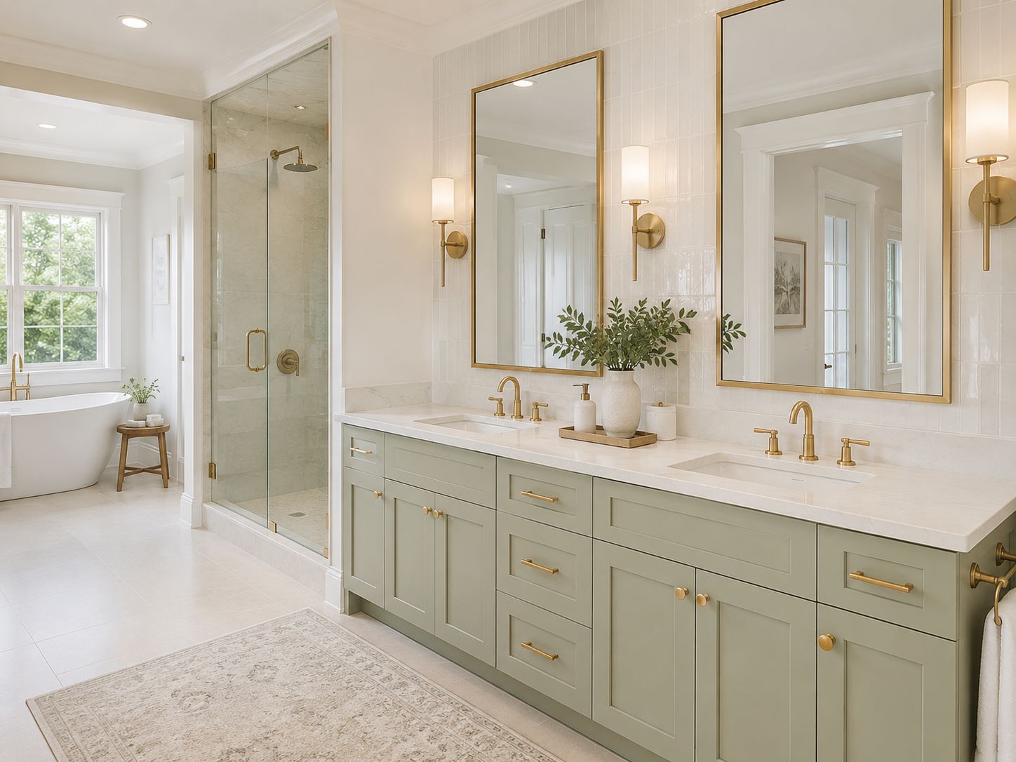 Bathroom with a D3 Shallow Green double vanity, brass faucets and gold-framed mirrors