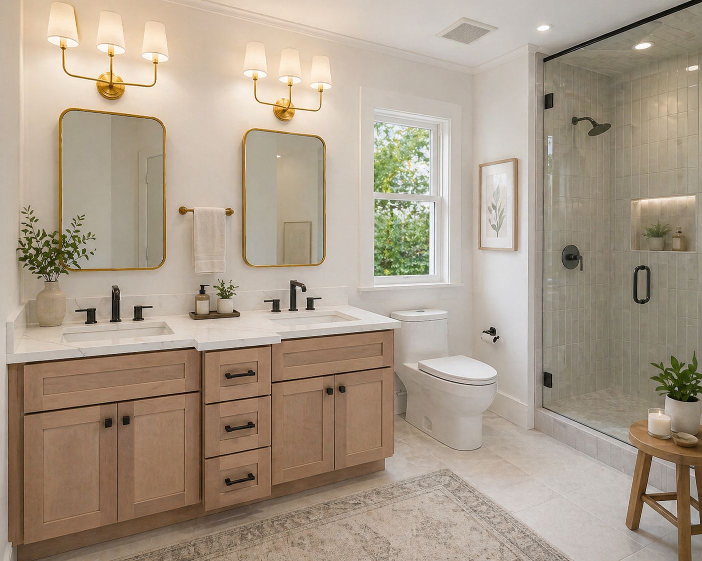 Bathroom with a natural oak double vanity, brass fixtures and glass shower