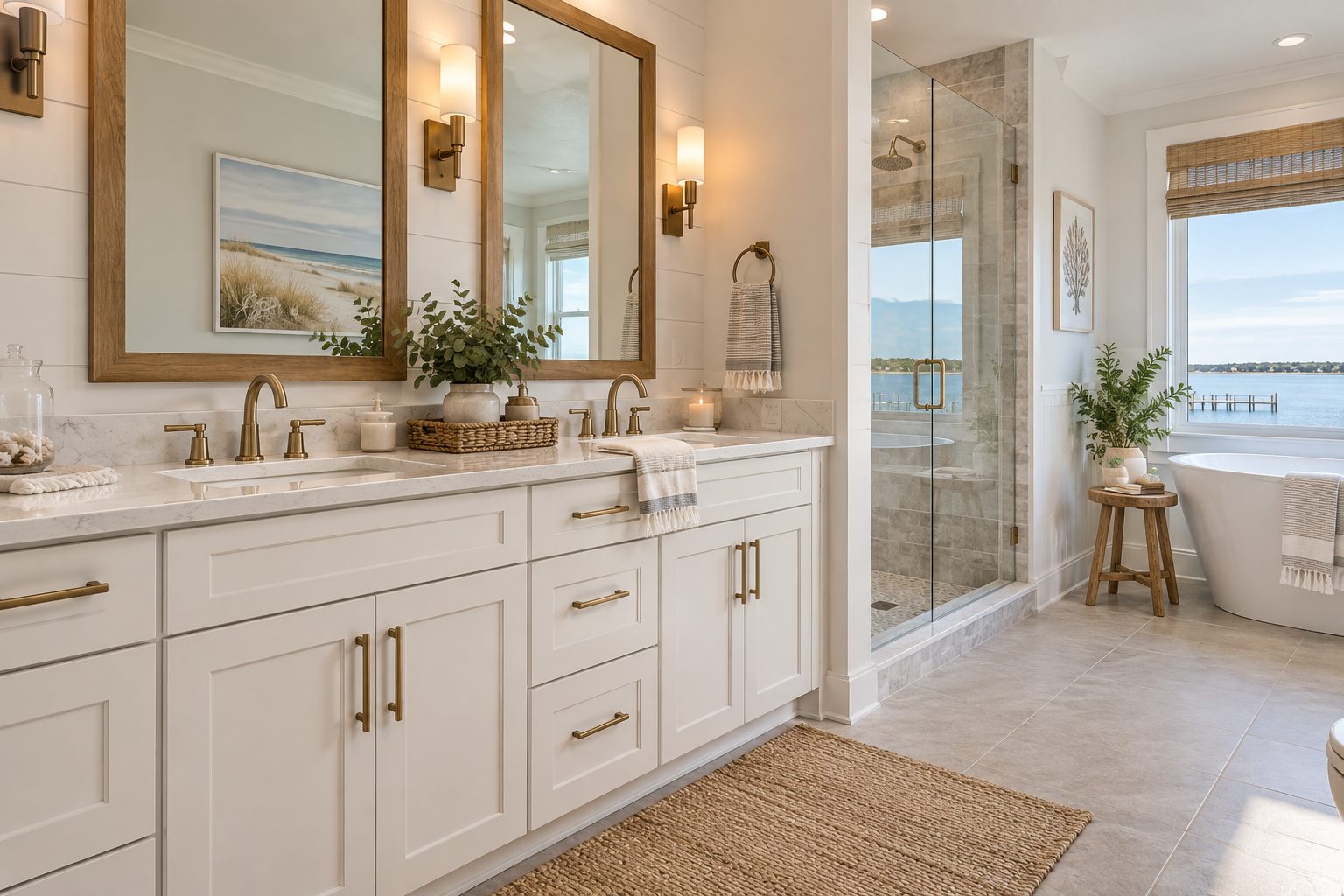Coastal-style bathroom remodel with double vanity in Virginia Beach