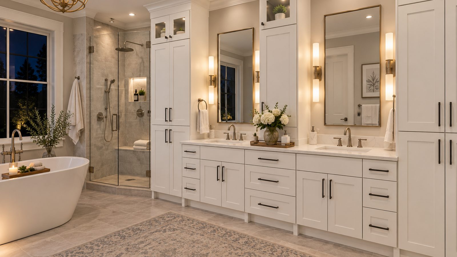 White shaker bathroom vanity with double sinks and tall storage cabinetry in a Charlotte project inspiration image