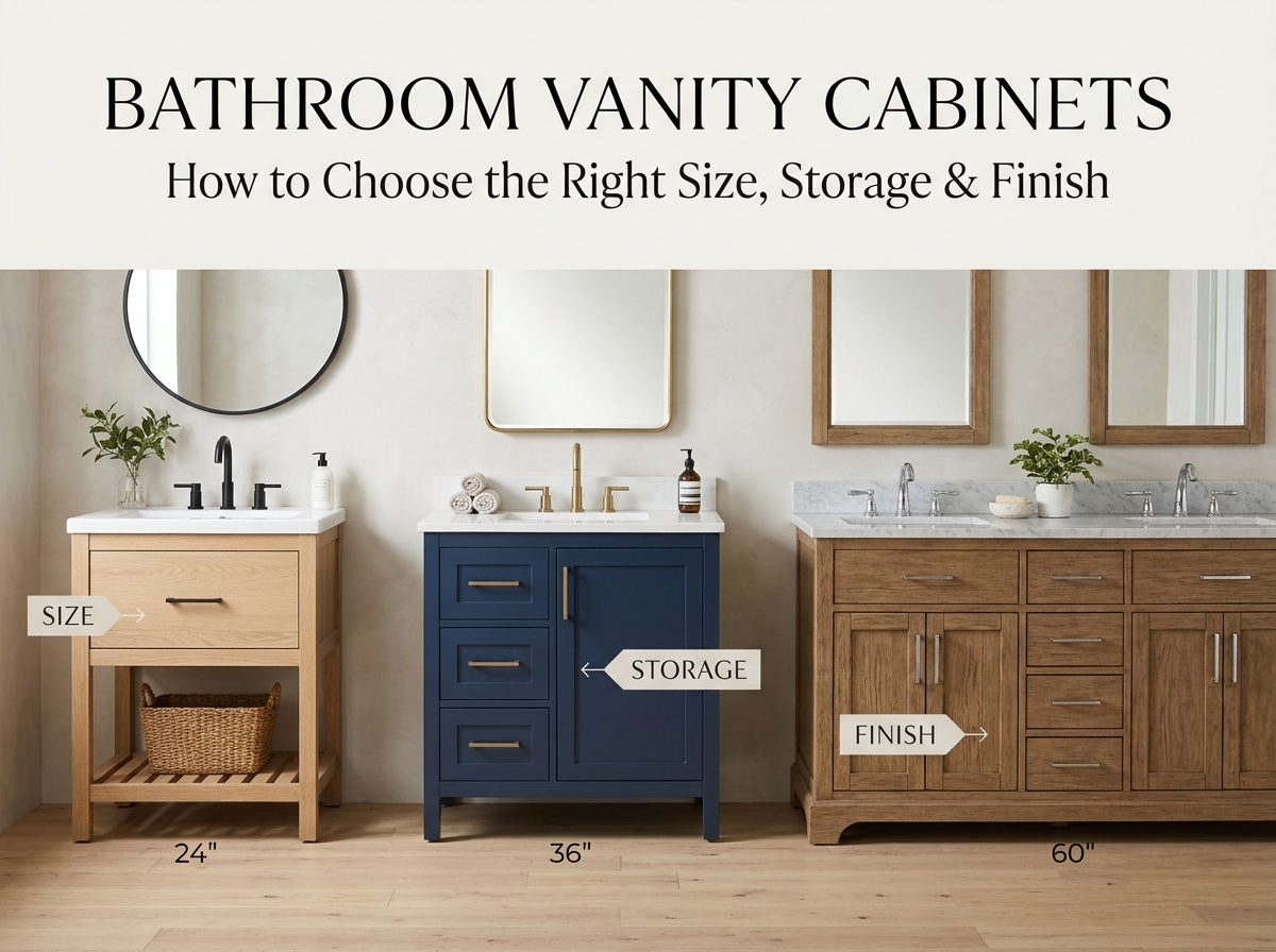Three bathroom vanities side by side, labeled 24", 36" and 60", with the words Size, Storage and Finish