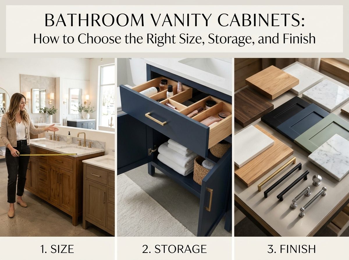 Bathroom Vanity Cabinets: How to Choose the Right Size, Storage, and Finish, with photos of measuring a vanity, an open vanity drawer, and finish and hardware samples