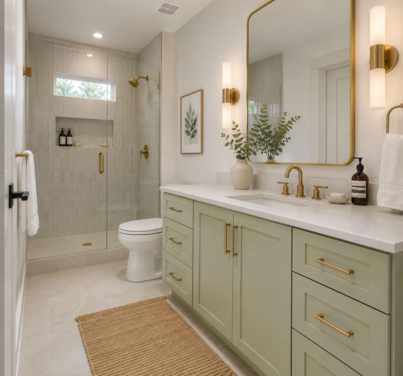 Bathroom vanity in D3 Shallow Green shaker cabinets with brass hardware, white quartz top and gold-framed mirror
