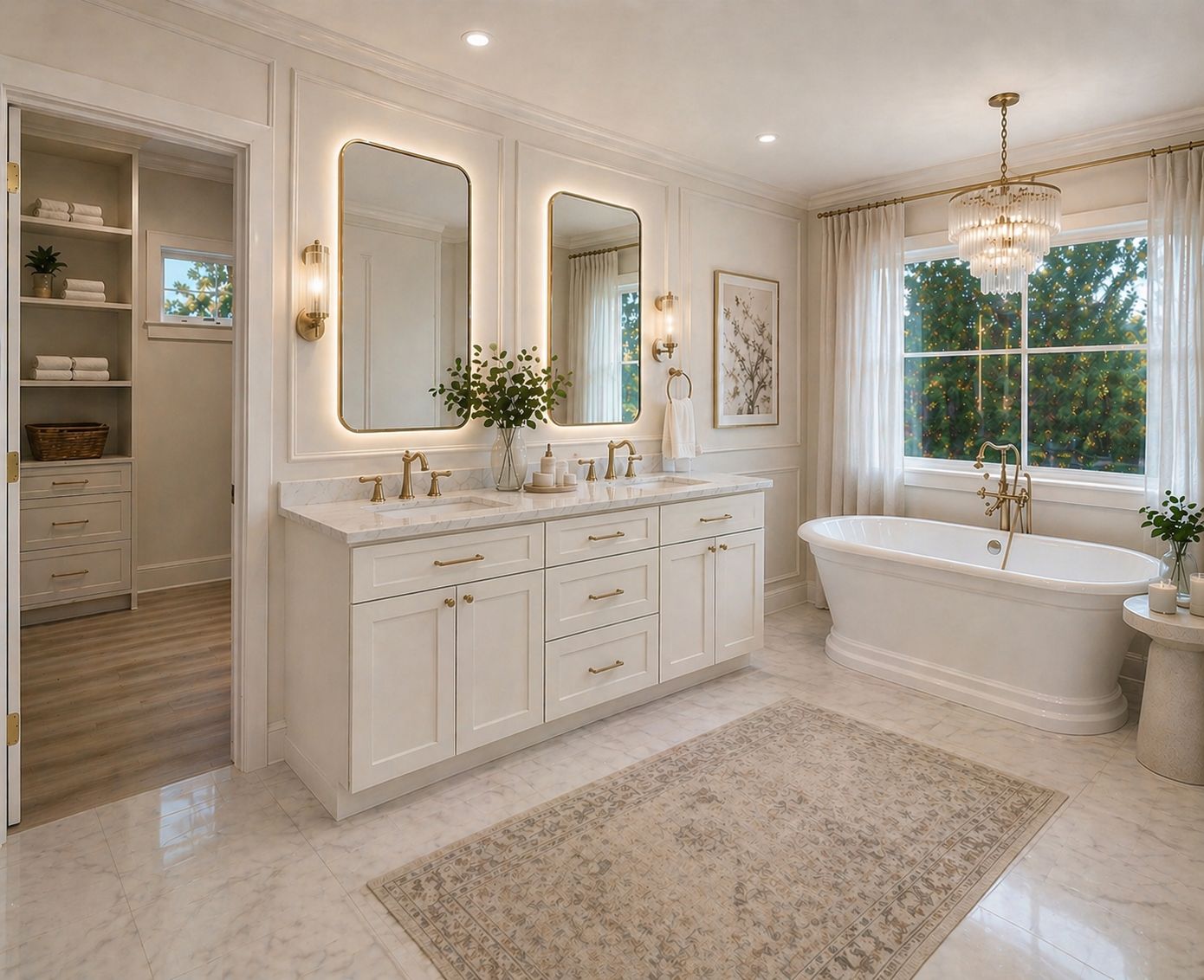 Bathroom with white shaker double vanity, freestanding tub and chandelier