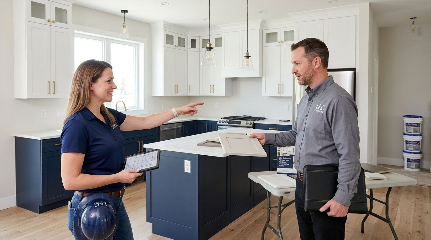 Builder and L&C Cabinetry representative discussing a project in a navy and white kitchen