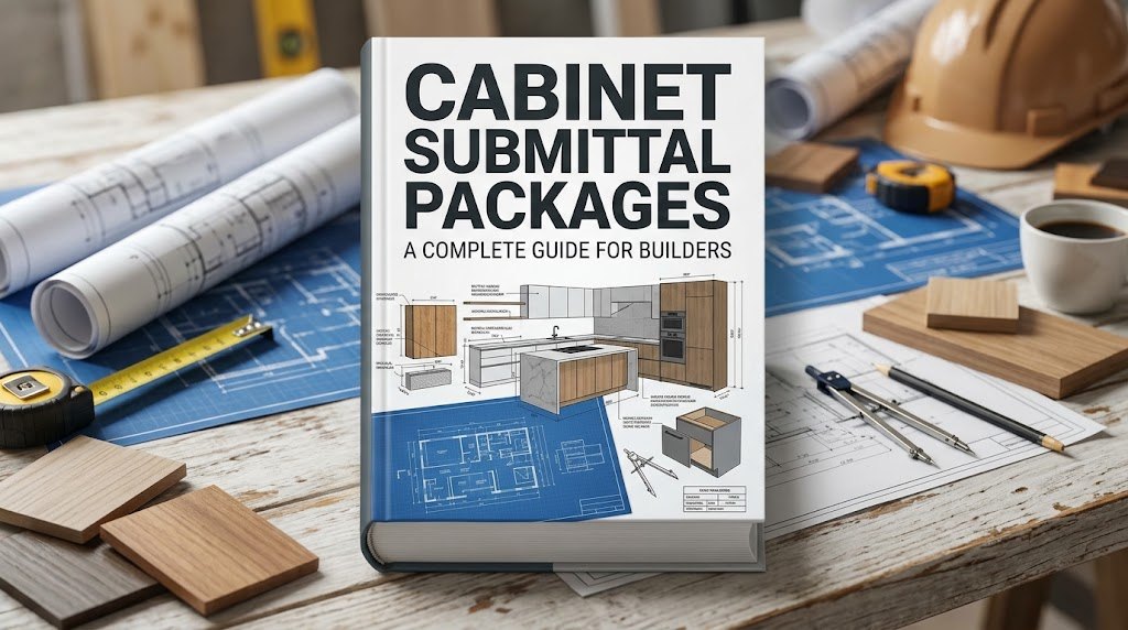 Cabinet submittal package guide with cabinet shop drawings, wood door samples, blueprints and measuring tools on a builder's desk