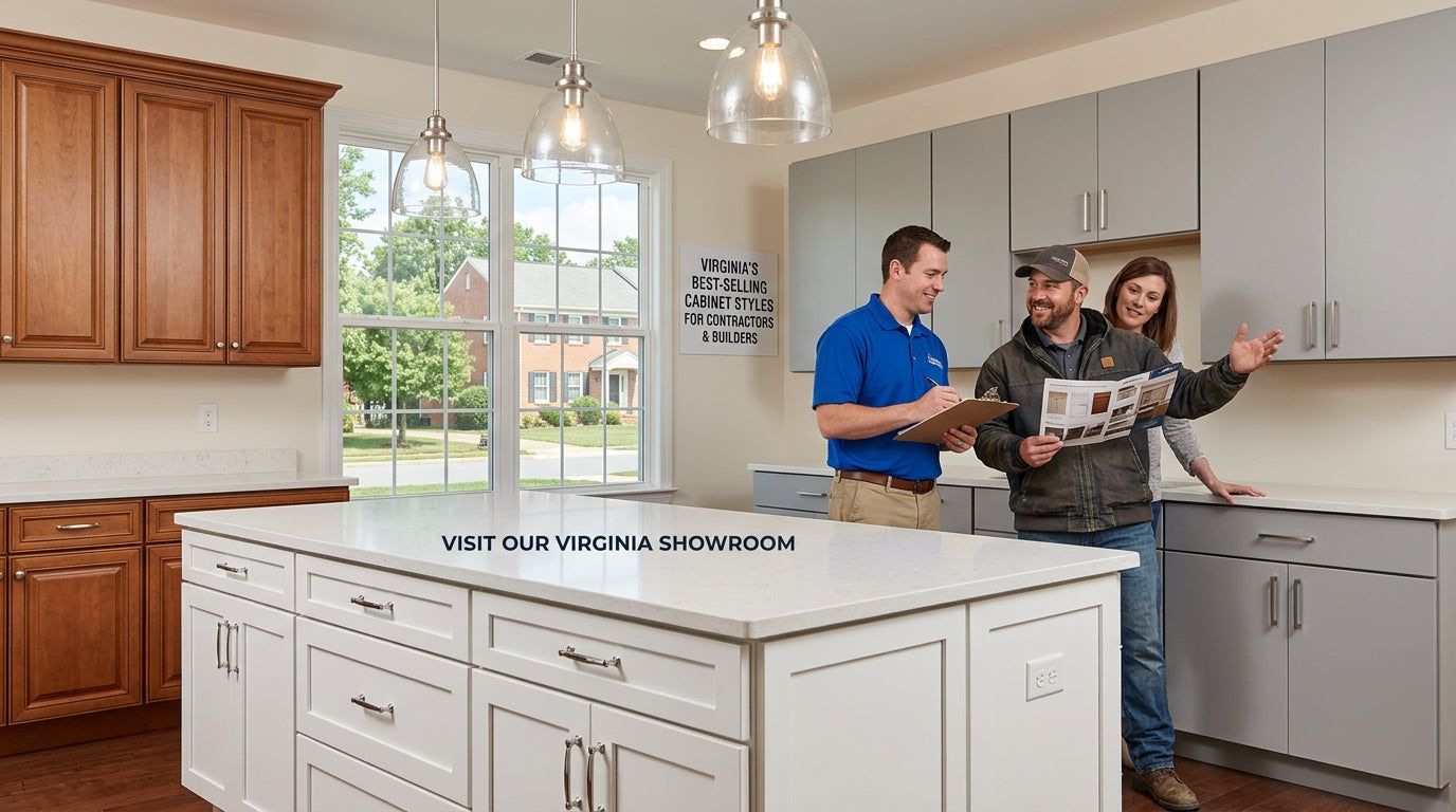 Contractor and designer reviewing cabinet plans in an L&C Cabinetry showroom kitchen