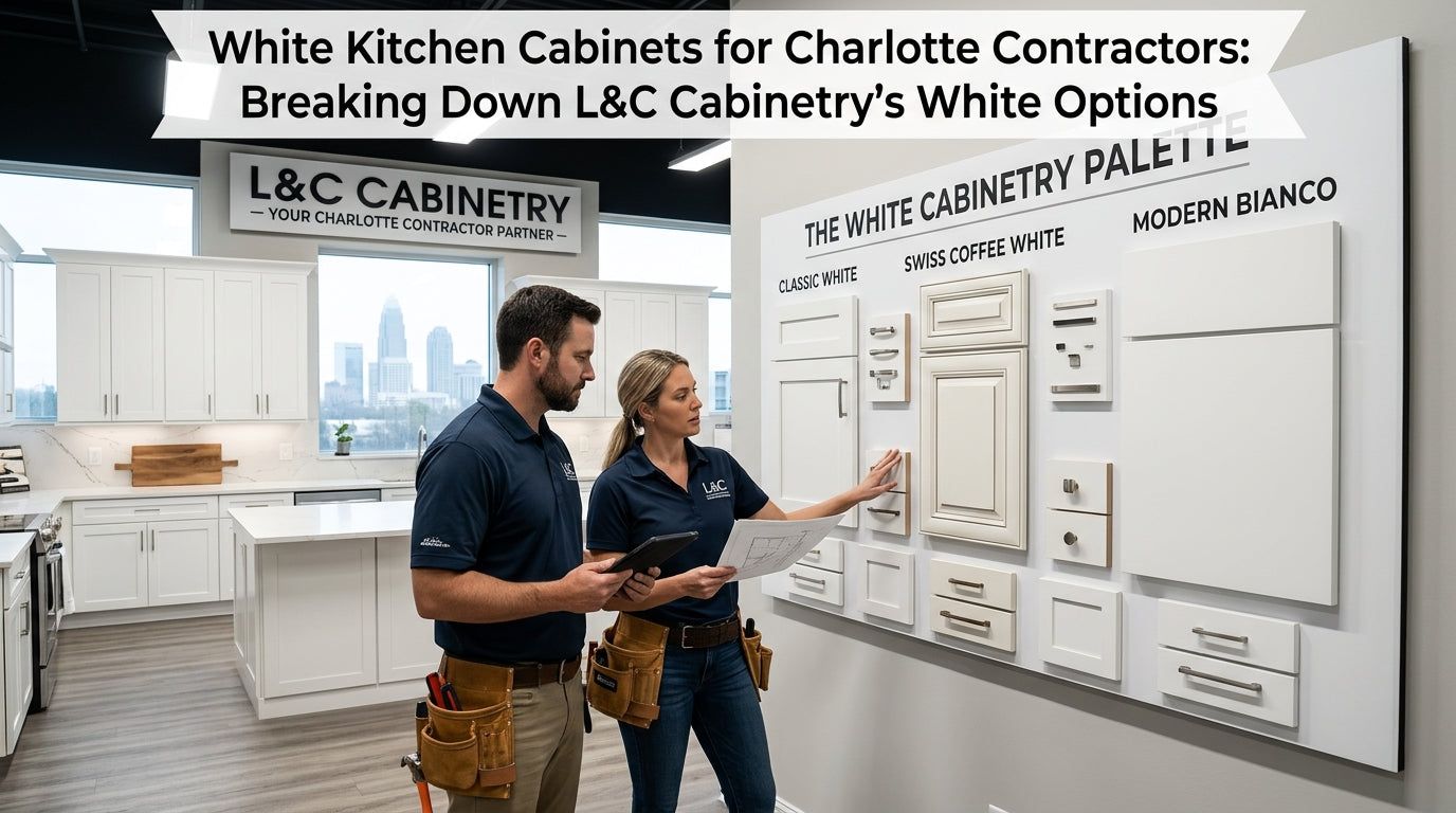 Contractor and designer reviewing L&C Cabinetry white cabinet door samples in a showroom