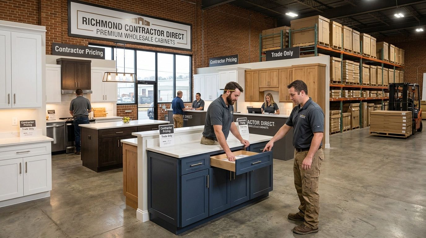Contractors reviewing a navy shaker cabinet display at the L&C Cabinetry Richmond warehouse
