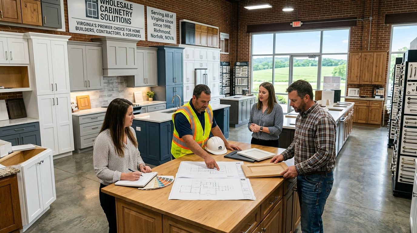 Contractors reviewing project plans on a cabinet island inside an L&C Cabinetry warehouse