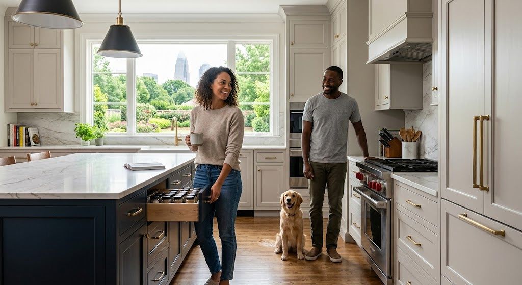 Couple with a dog in a kitchen with white shaker cabinets and a navy island