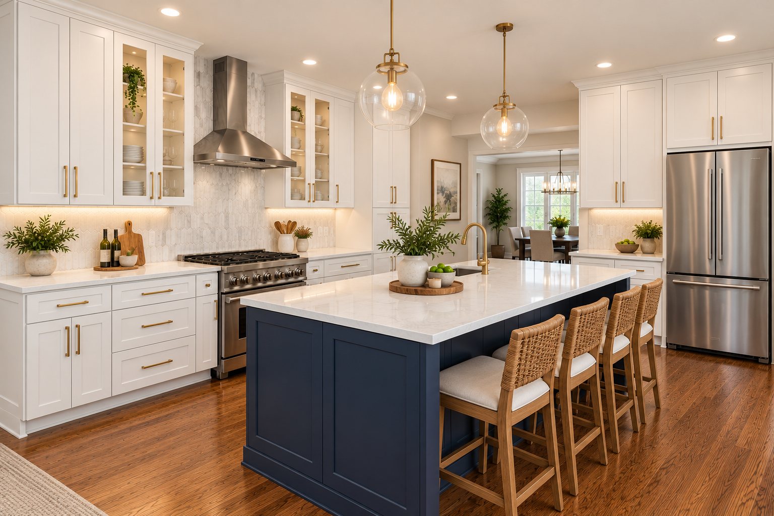 D2 White perimeter cabinets with a contrasting dark island, light countertops and gold colored hardware