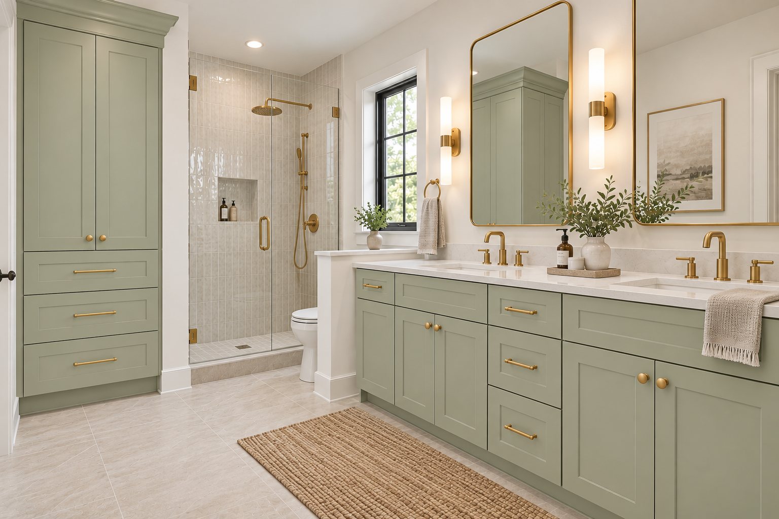 D3 Shallow Green double vanity with center drawers, matching tall cabinetry, light countertops and gold colored hardware