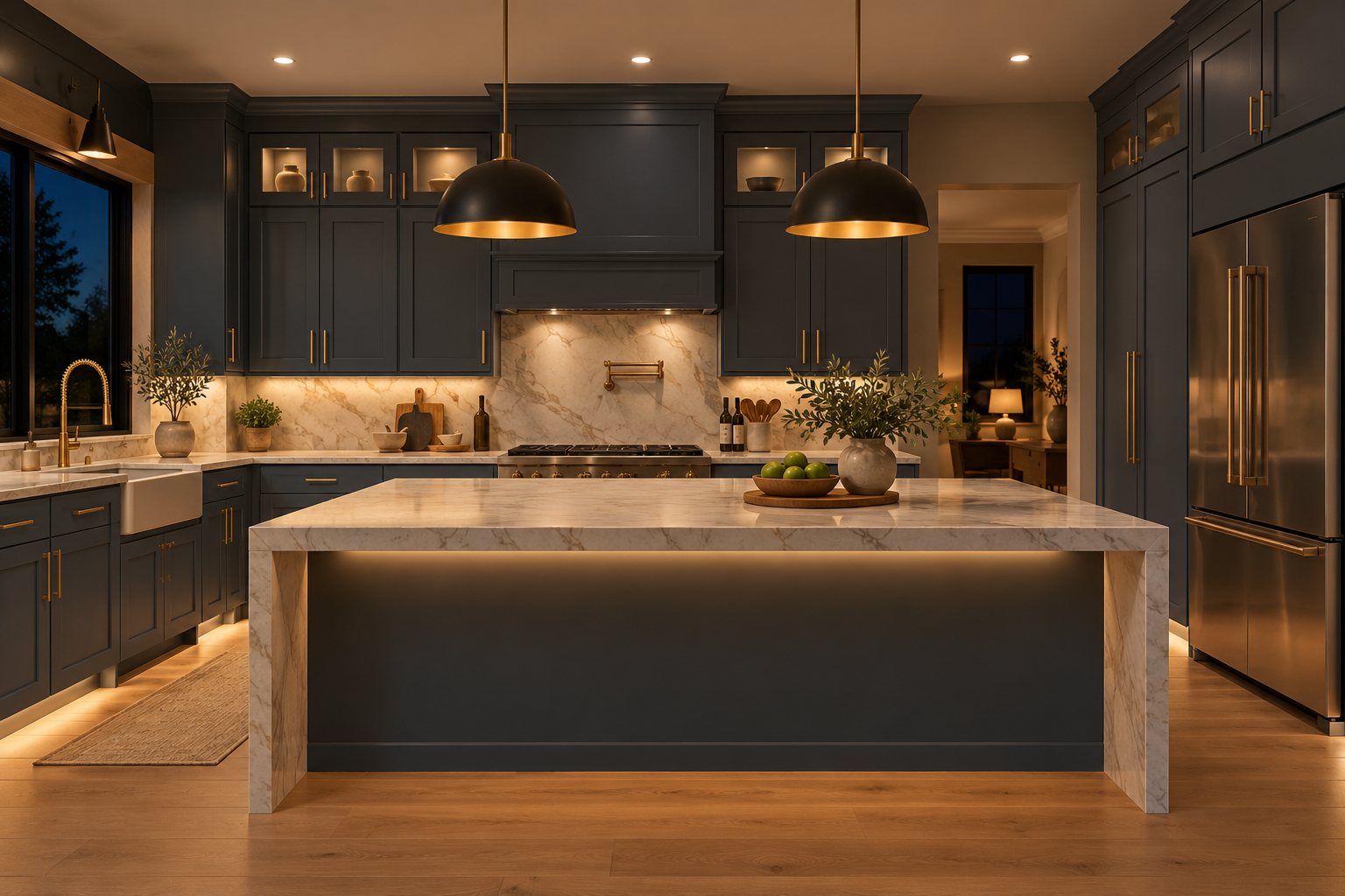 D5 Cyberspace kitchen with dark cabinets, a light waterfall island countertop and warm pendant lighting