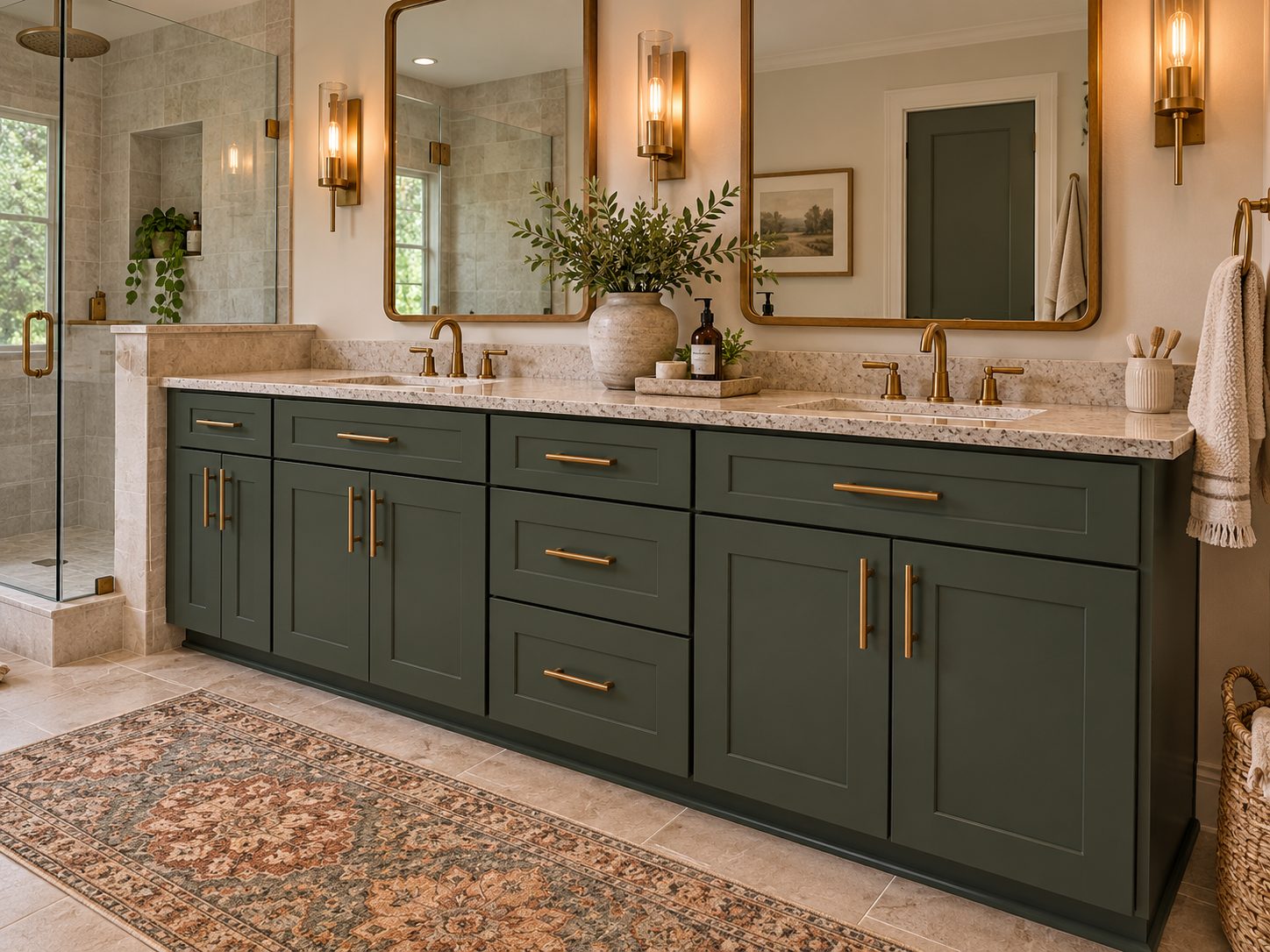 D7 Forest Green double vanity with a light speckled countertop, gold colored hardware and two framed mirrors
