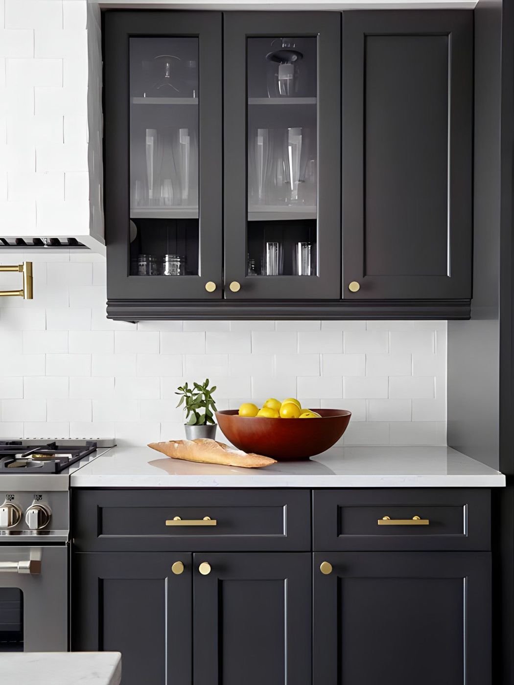 D8 Black Swan shaker cabinets with glass-front uppers over white subway tile