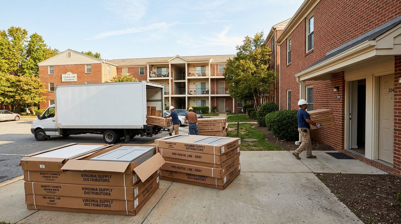 Delivery truck unloading boxed cabinets at a multi-family apartment building