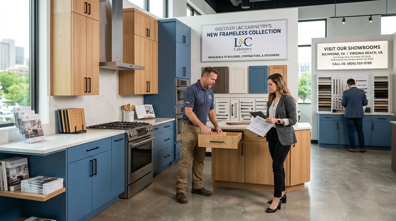Designer reviewing frameless cabinet samples with a client in an L&C Cabinetry showroom