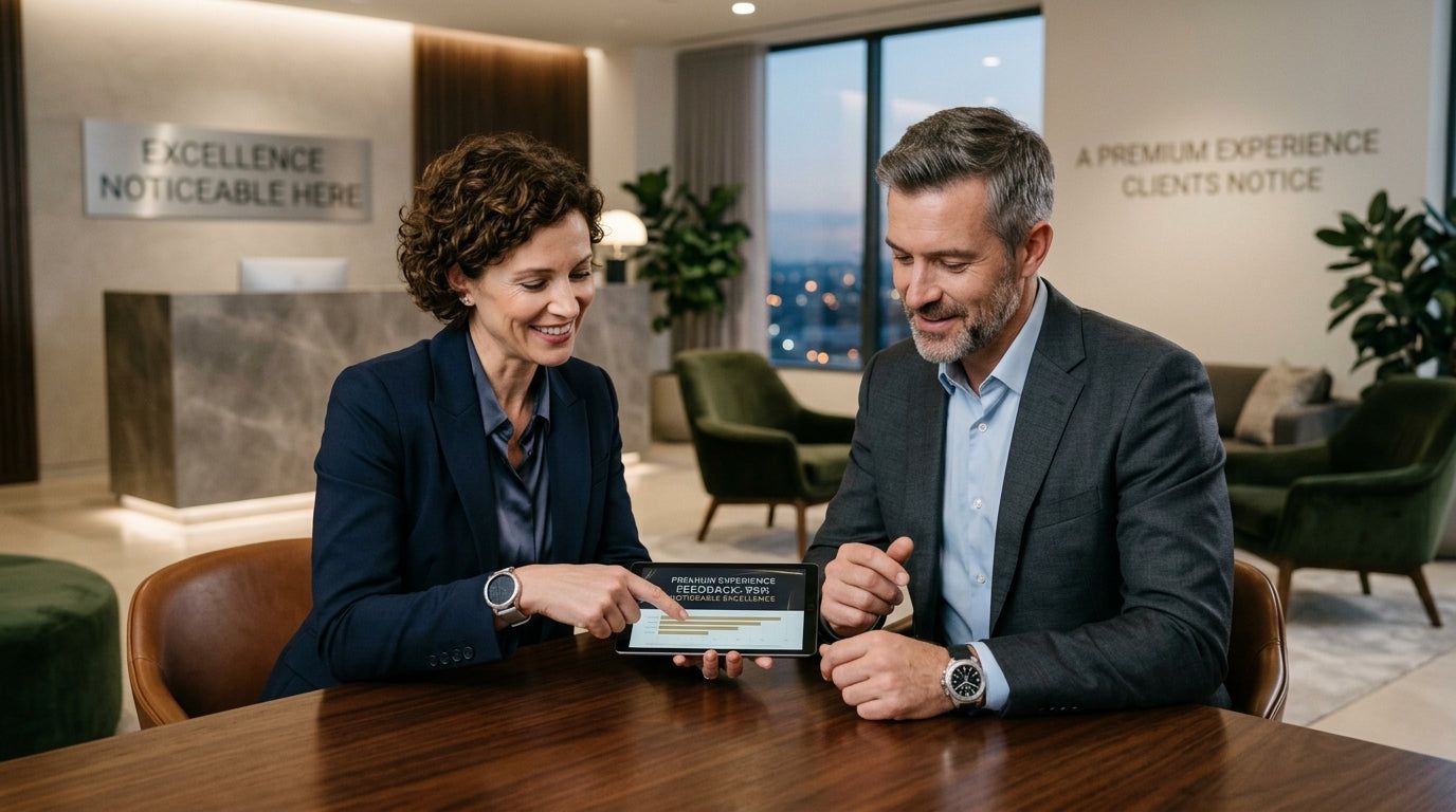 Designer showing a client cabinet options on a tablet in a showroom