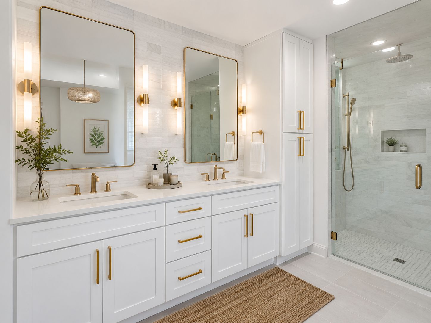 Double vanity bathroom with D2 White shaker cabinets, brass fixtures and a walk-in glass shower