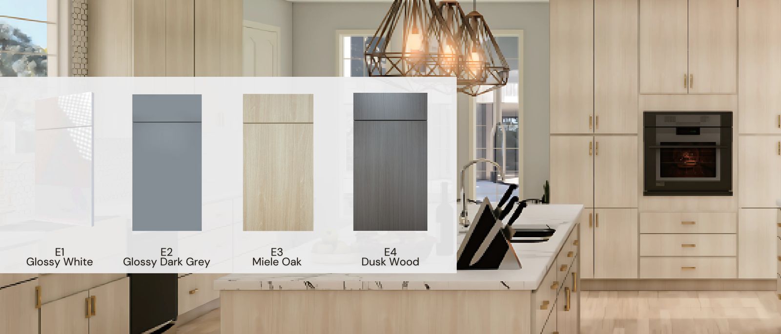 E-Series frameless cabinet finishes: glossy white, glossy dark grey, Miele oak and dusk wood