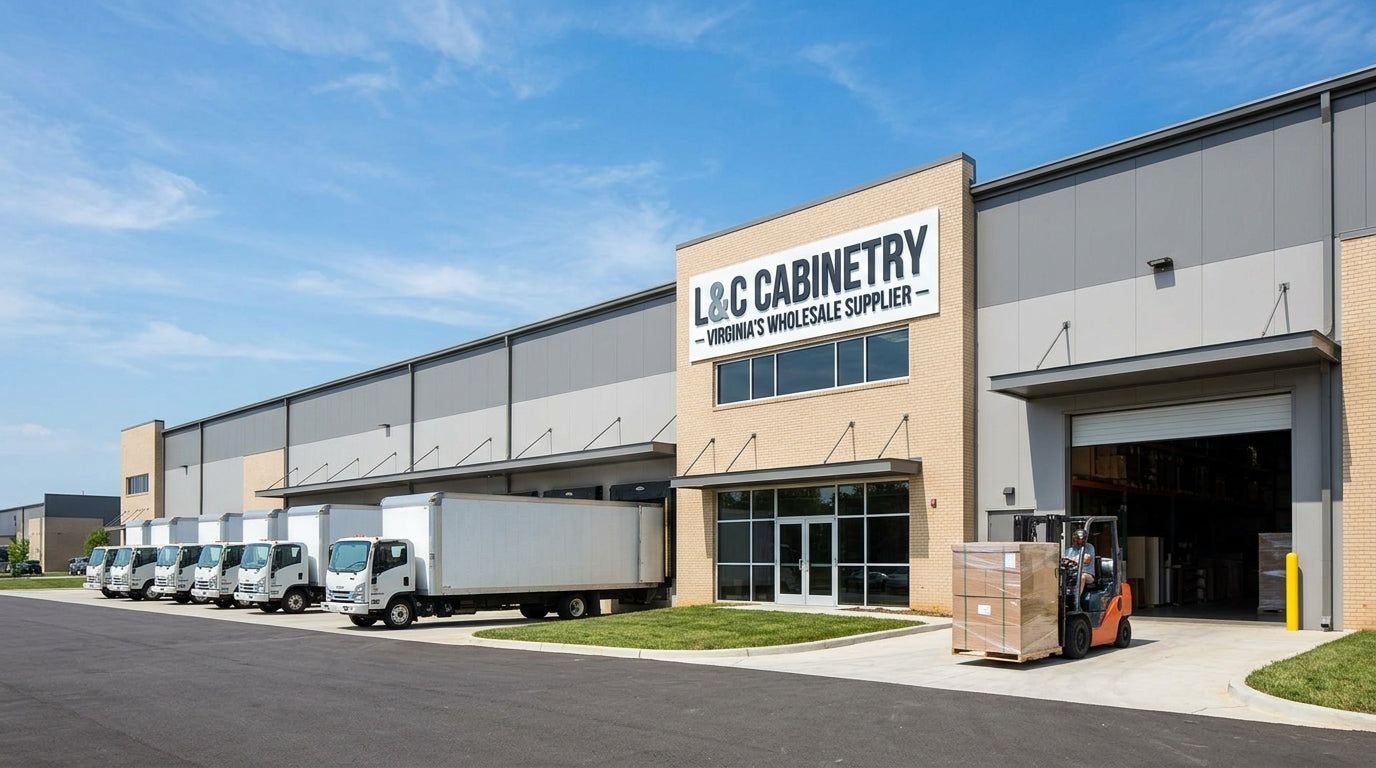 Exterior of an L&C Cabinetry warehouse with delivery trucks at the loading dock