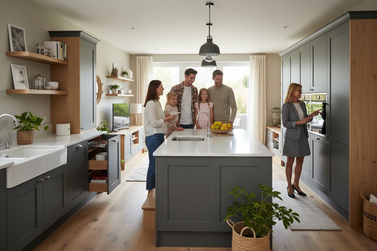 Family in a kitchen with S1 Ash Grey shaker cabinets and a grey island