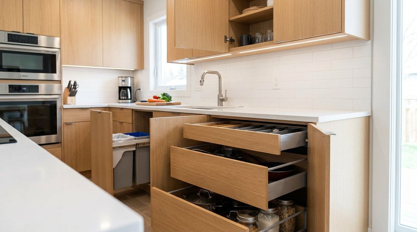 Frameless natural wood cabinets with full-extension drawers open in a modern kitchen