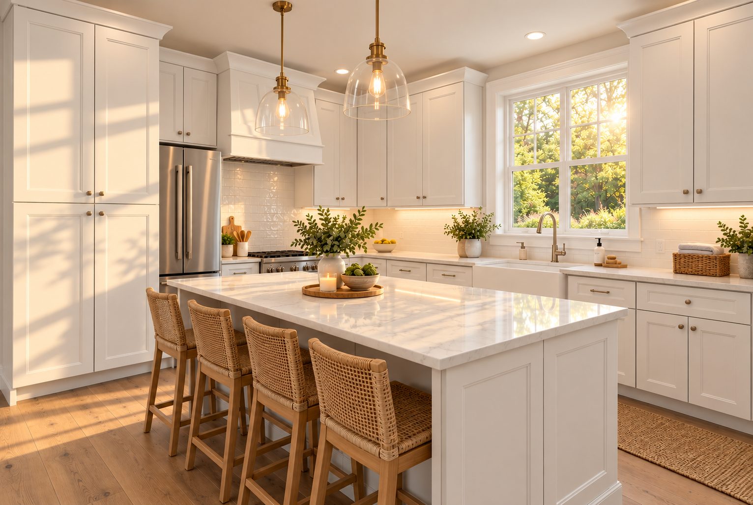 G2 Alabaster White kitchen with a coordinated cabinet top treatment and light surfaces.