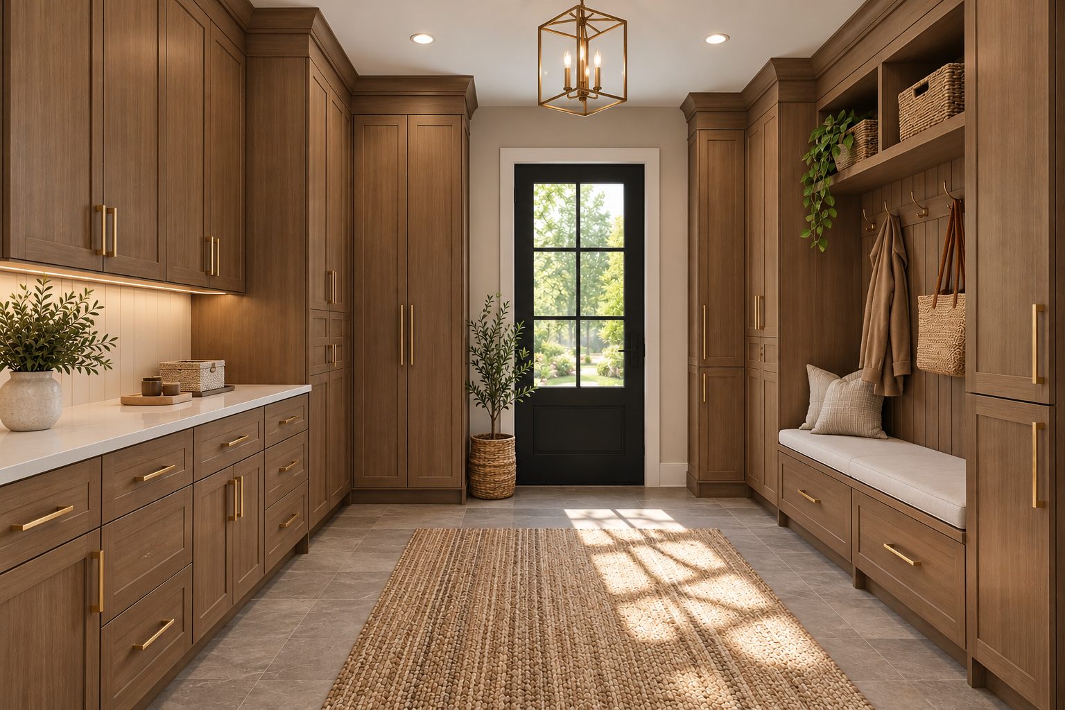 G3 Desert Oak mudroom design with tall wood tone cabinets, a built in bench, coat hooks and a light countertop