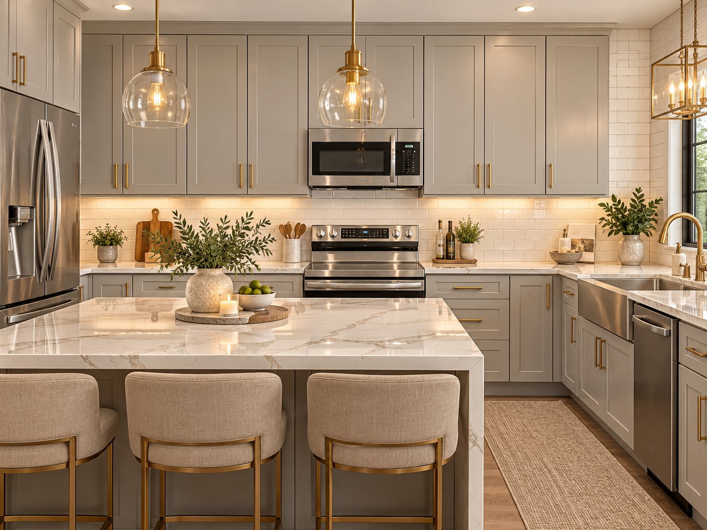 G4 Grey kitchen design with a light island countertop, gold hardware and glass pendant lights