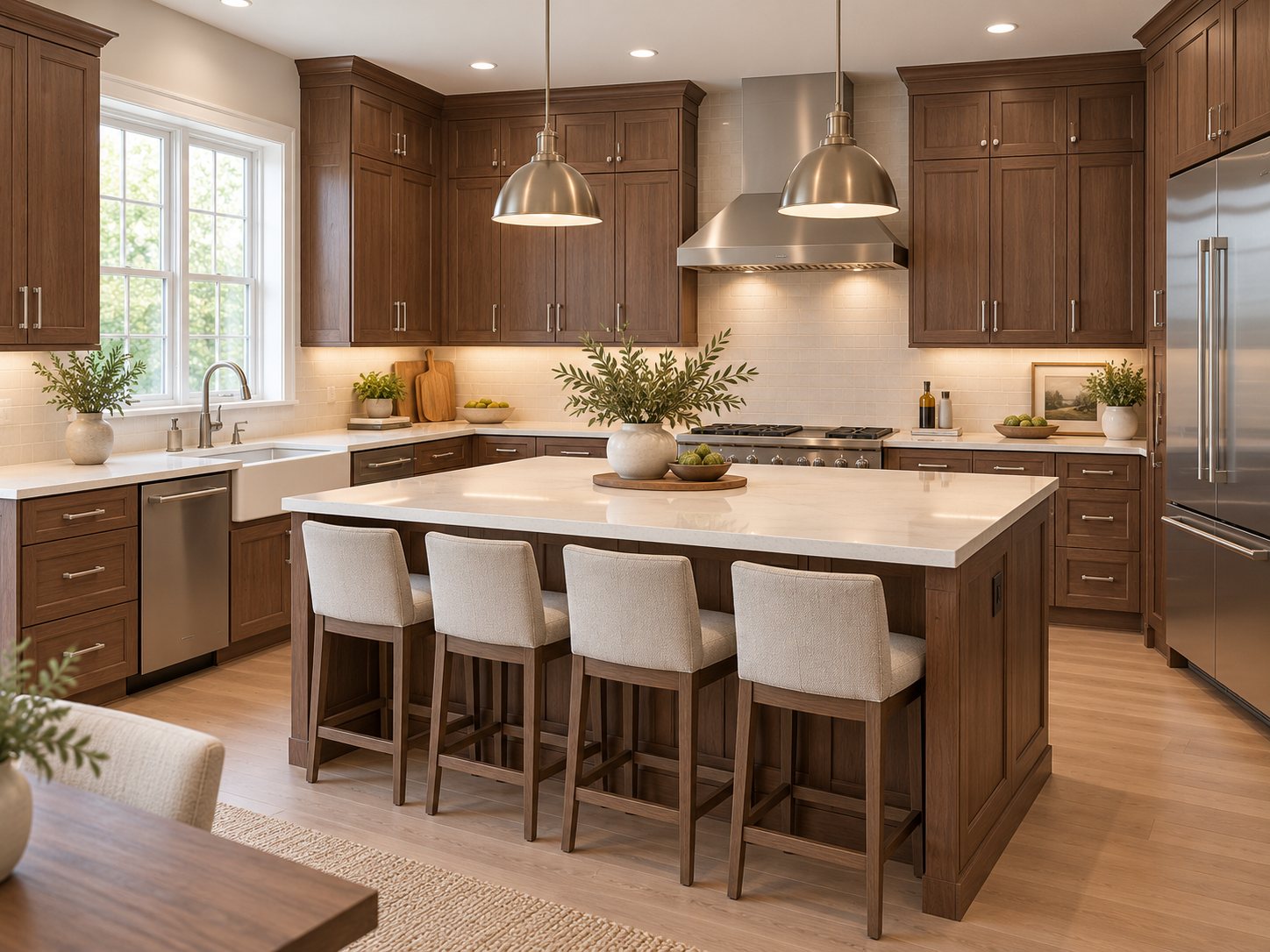 G5 Chestnut Oak kitchen design with warm wood cabinetry, a light countertop and a matching island