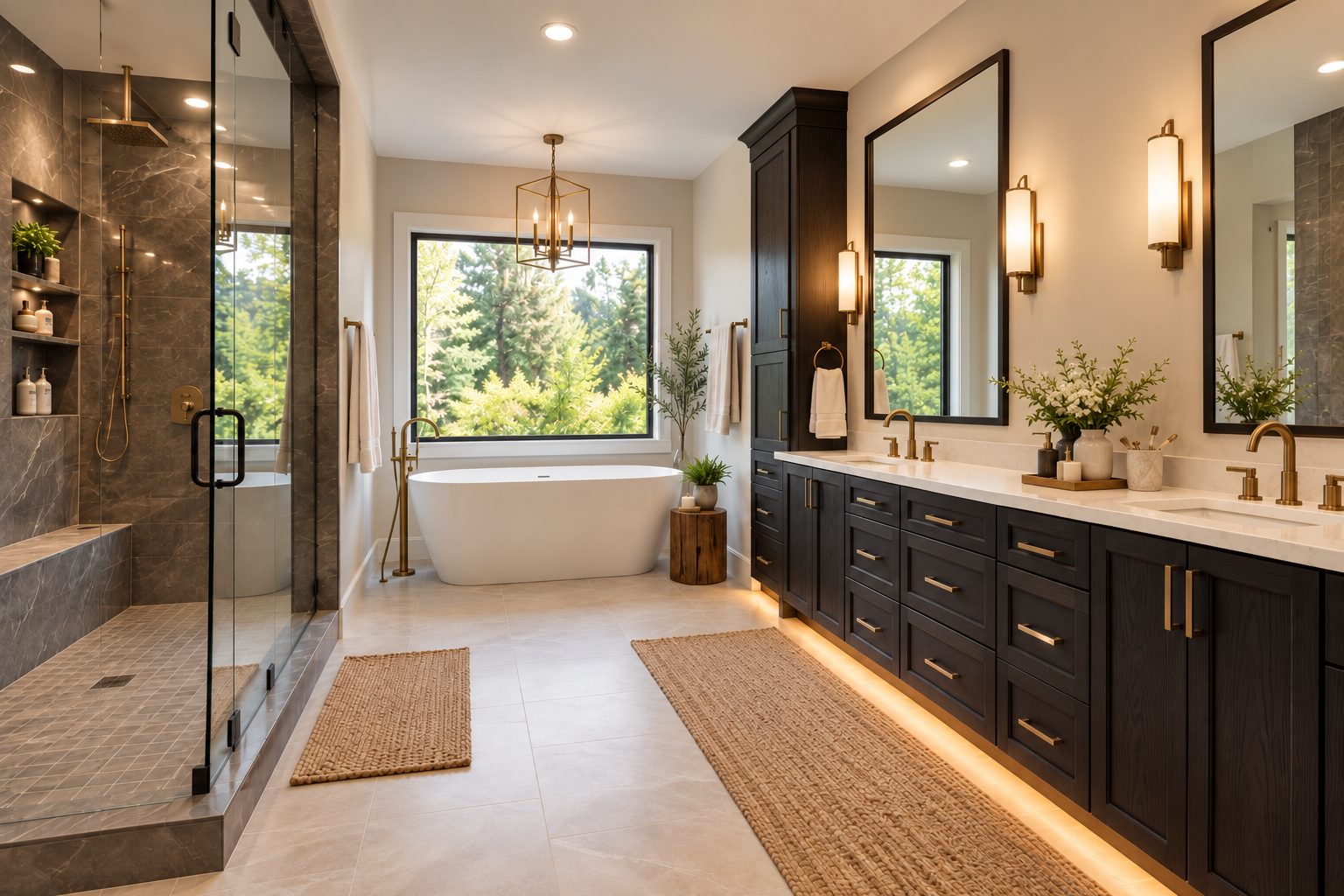 G6 Midnight Oak bathroom design with a dark double vanity, tall storage cabinet, light countertop and freestanding bathtub