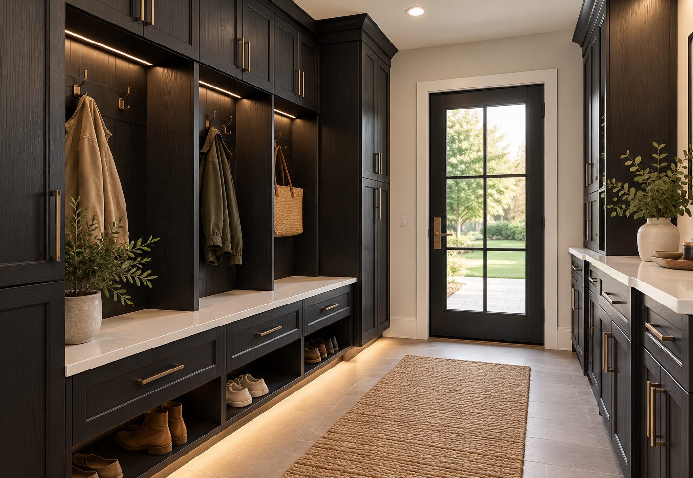G6 Midnight Oak mudroom with illuminated coat bays, pale counters and dark storage cabinetry.
