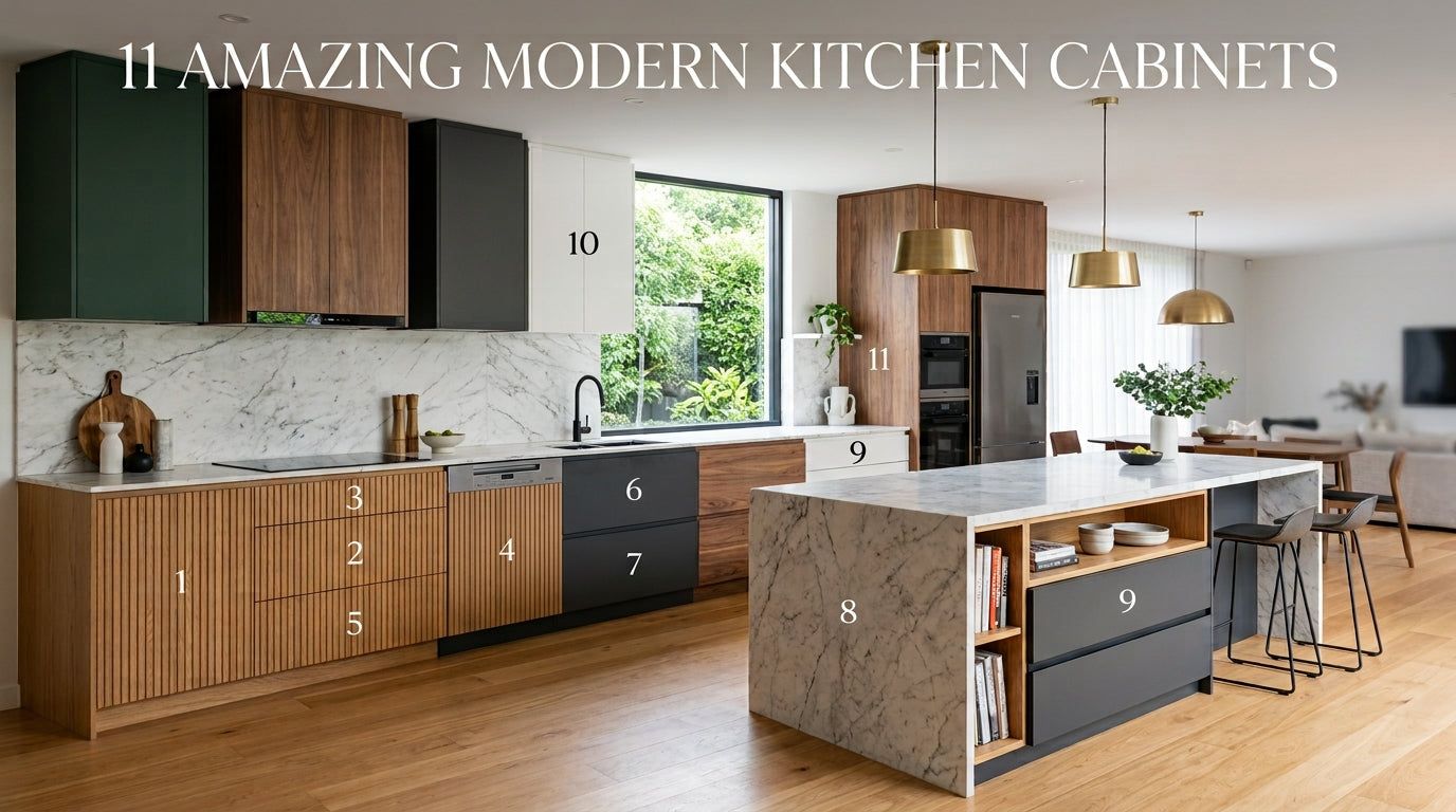 Graphic of eleven modern kitchen cabinet ideas with a wood and stone kitchen