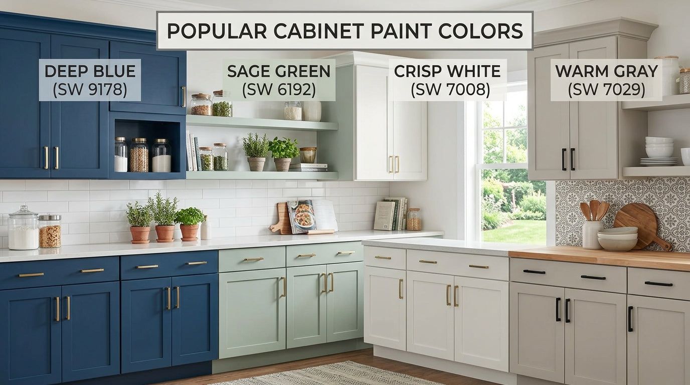 Graphic of popular cabinet paint colors: deep blue, sage green, crisp white and warm gray