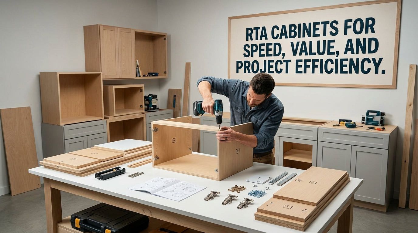 Graphic: RTA cabinets for speed, value and project efficiency, with a contractor assembling a cabinet box