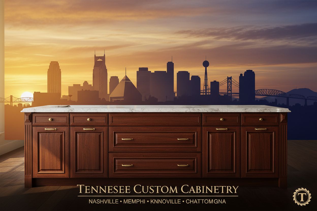 Graphic of wholesale kitchen cabinets in Tennessee with the Nashville skyline