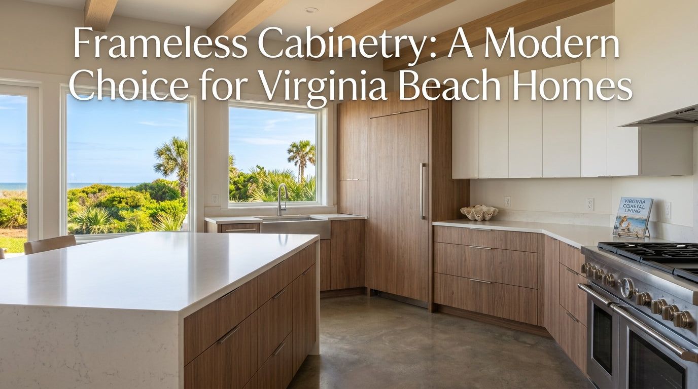 Header graphic: frameless cabinetry for Virginia Beach homes, with a light wood modern kitchen