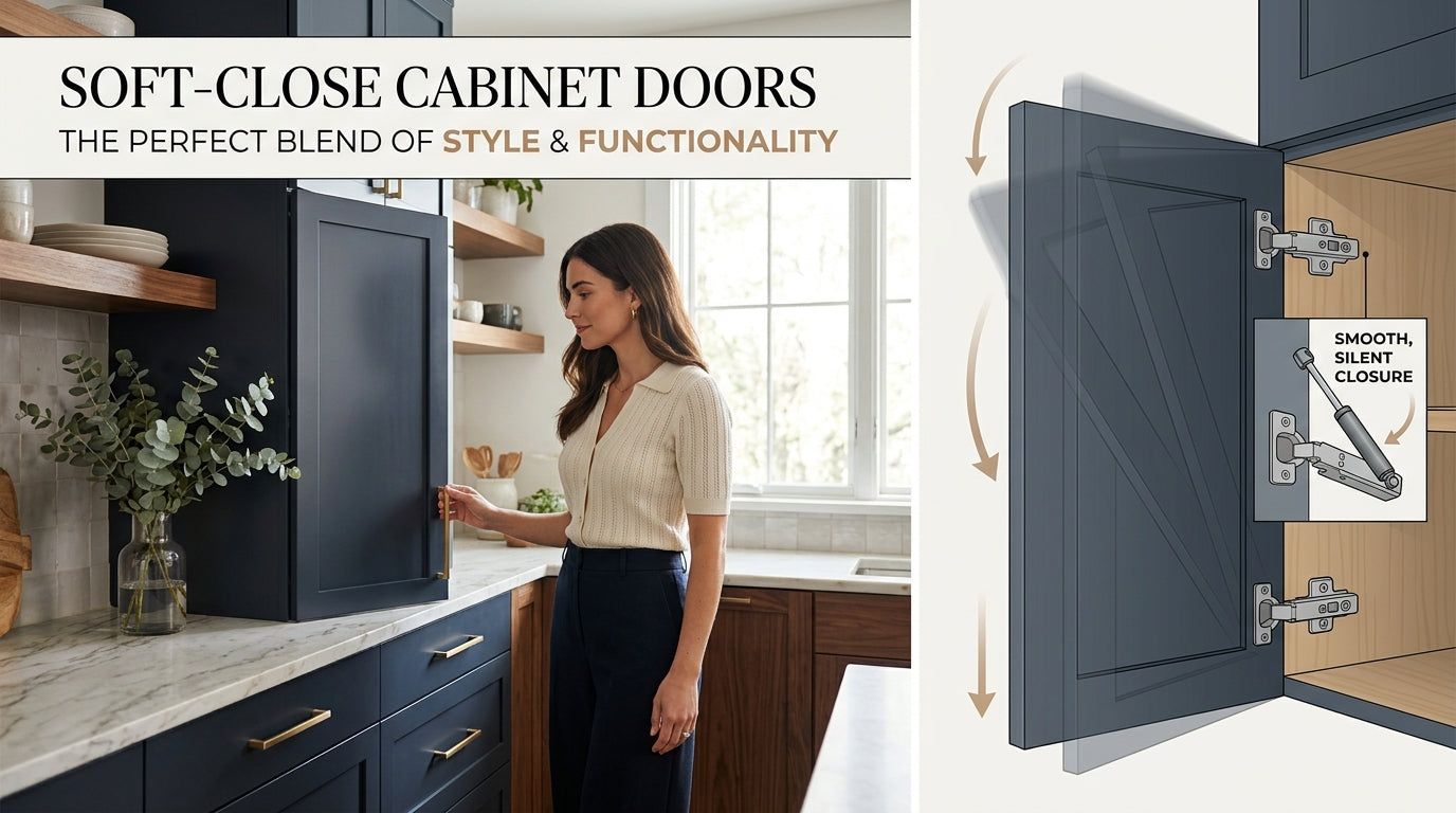 Header graphic: soft-close cabinet doors, with a navy shaker kitchen and hinge detail