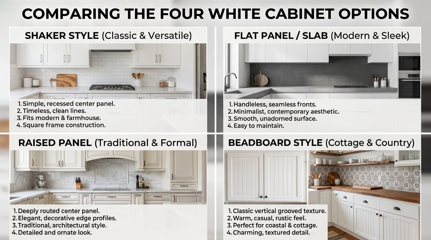 Infographic comparing four white cabinet door styles: shaker, flat panel, raised panel and beadboard