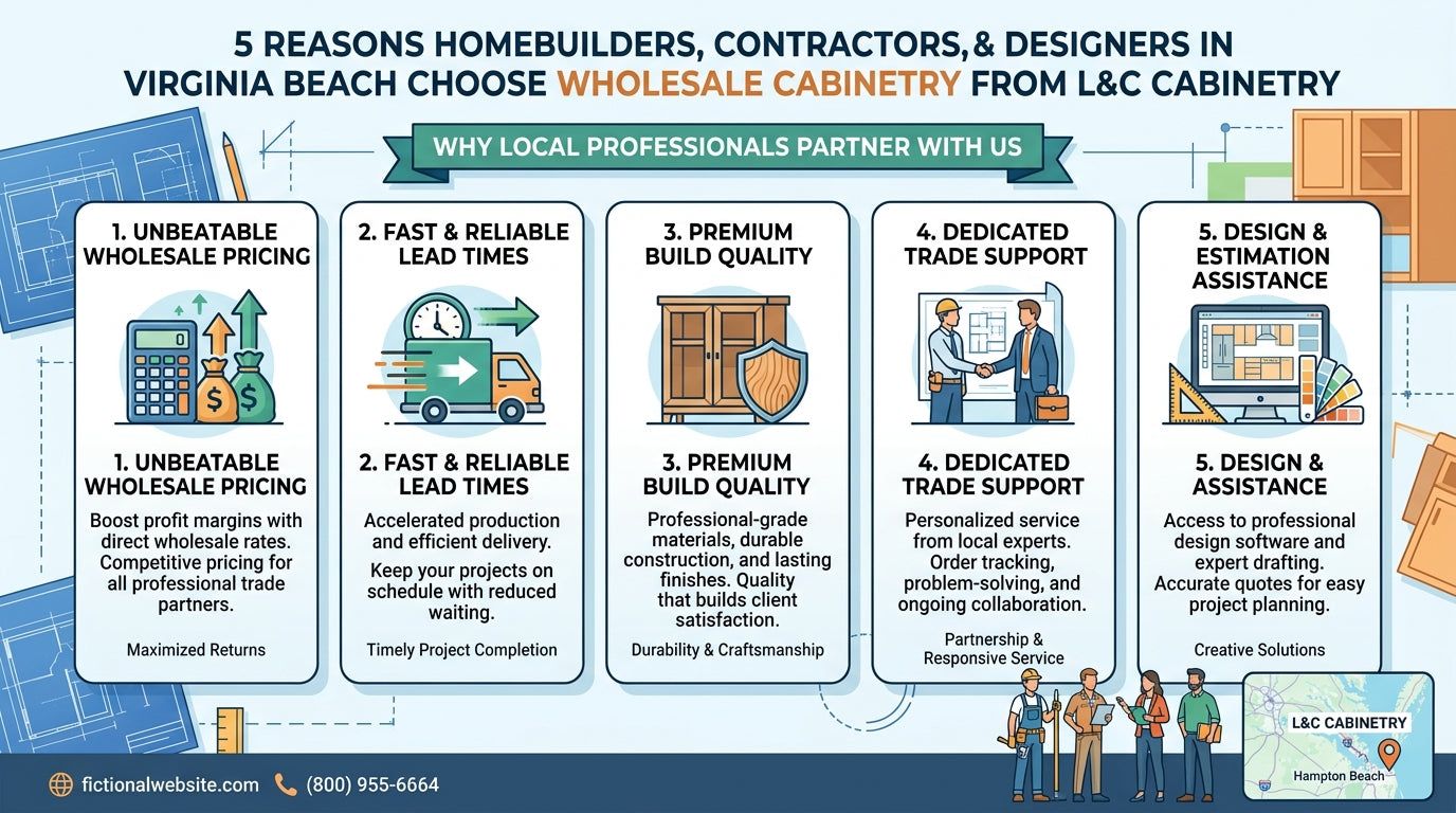 Infographic: five reasons homebuilders, contractors and designers in Virginia Beach choose wholesale cabinetry from L&C