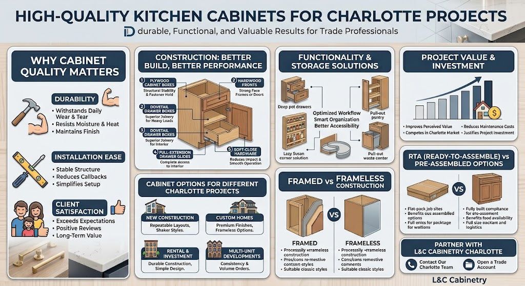 Infographic: high-quality kitchen cabinets for Charlotte projects — durability, construction, storage and value