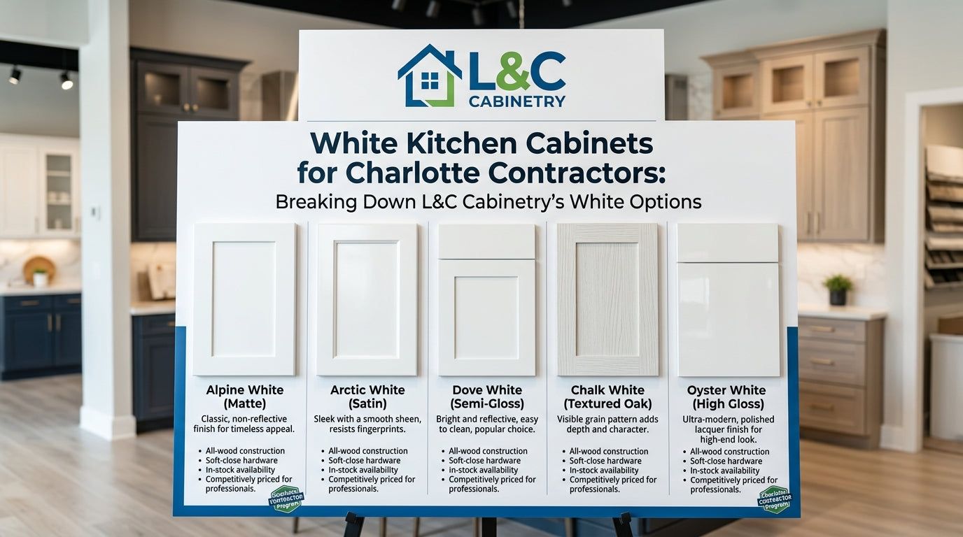 Infographic: white kitchen cabinet options for Charlotte contractors from L&C Cabinetry