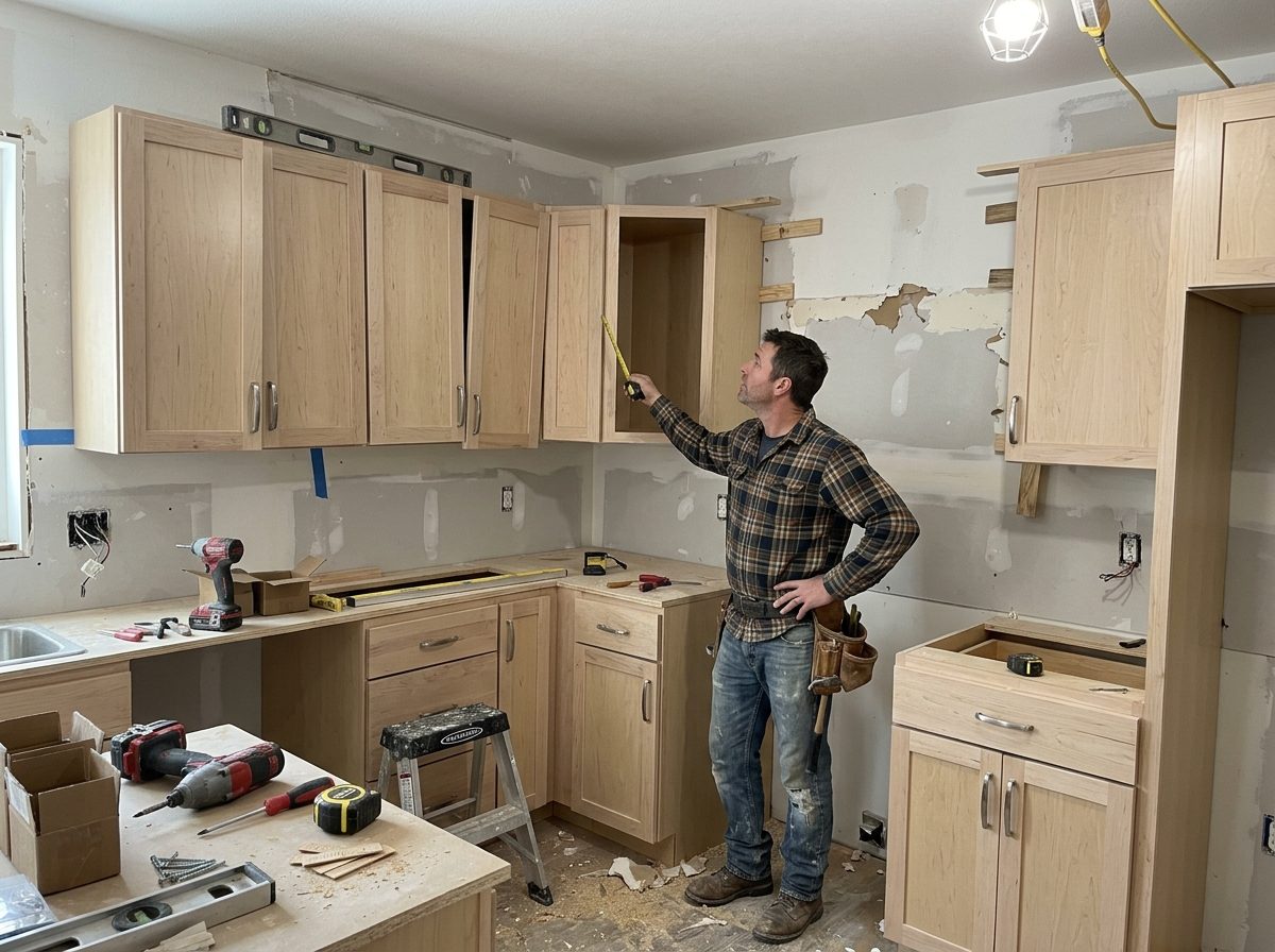 Installer measuring an open wall cabinet in a kitchen under construction, with a level on the upper cabinets and tools on the counter