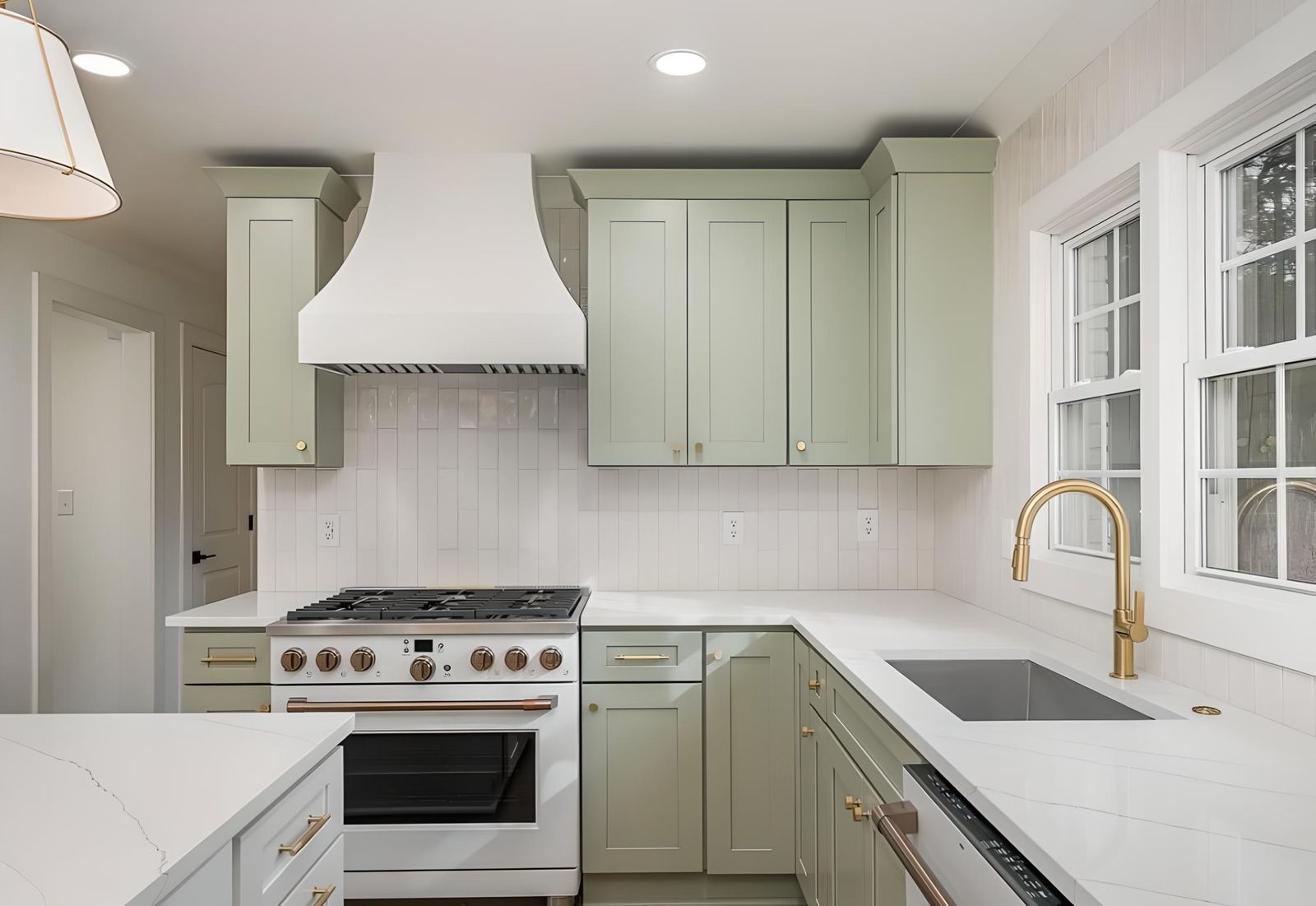 Kitchen with D3 Shallow Green shaker cabinets, white range hood and brass faucet