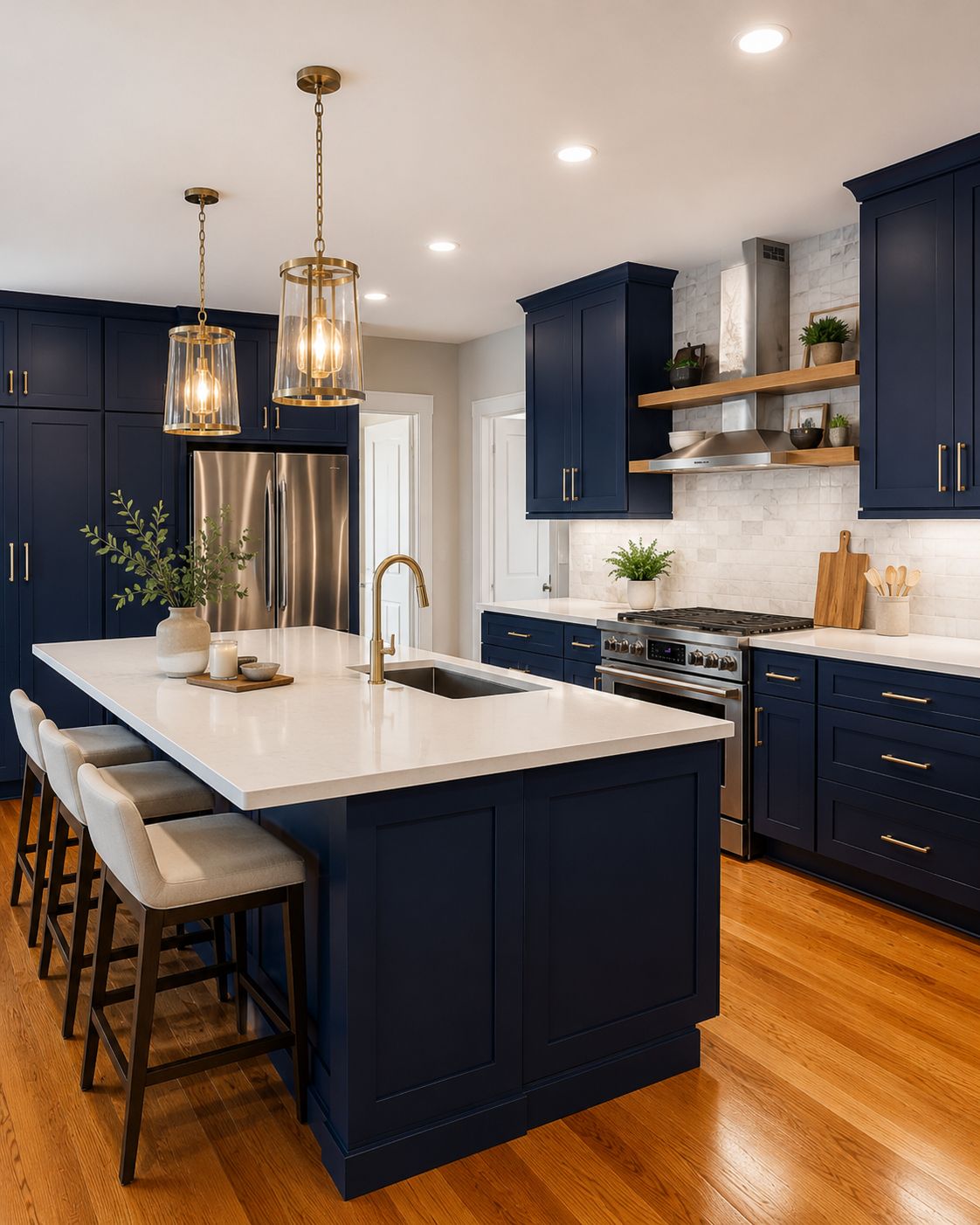 Kitchen with D4 Navy shaker cabinets, white quartz island, floating oak shelves and gold fixtures