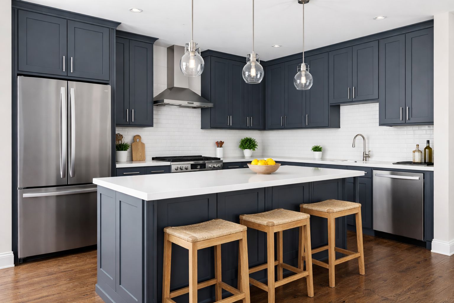 Kitchen with D4 Navy shaker cabinets, white quartz island and wood bar stools