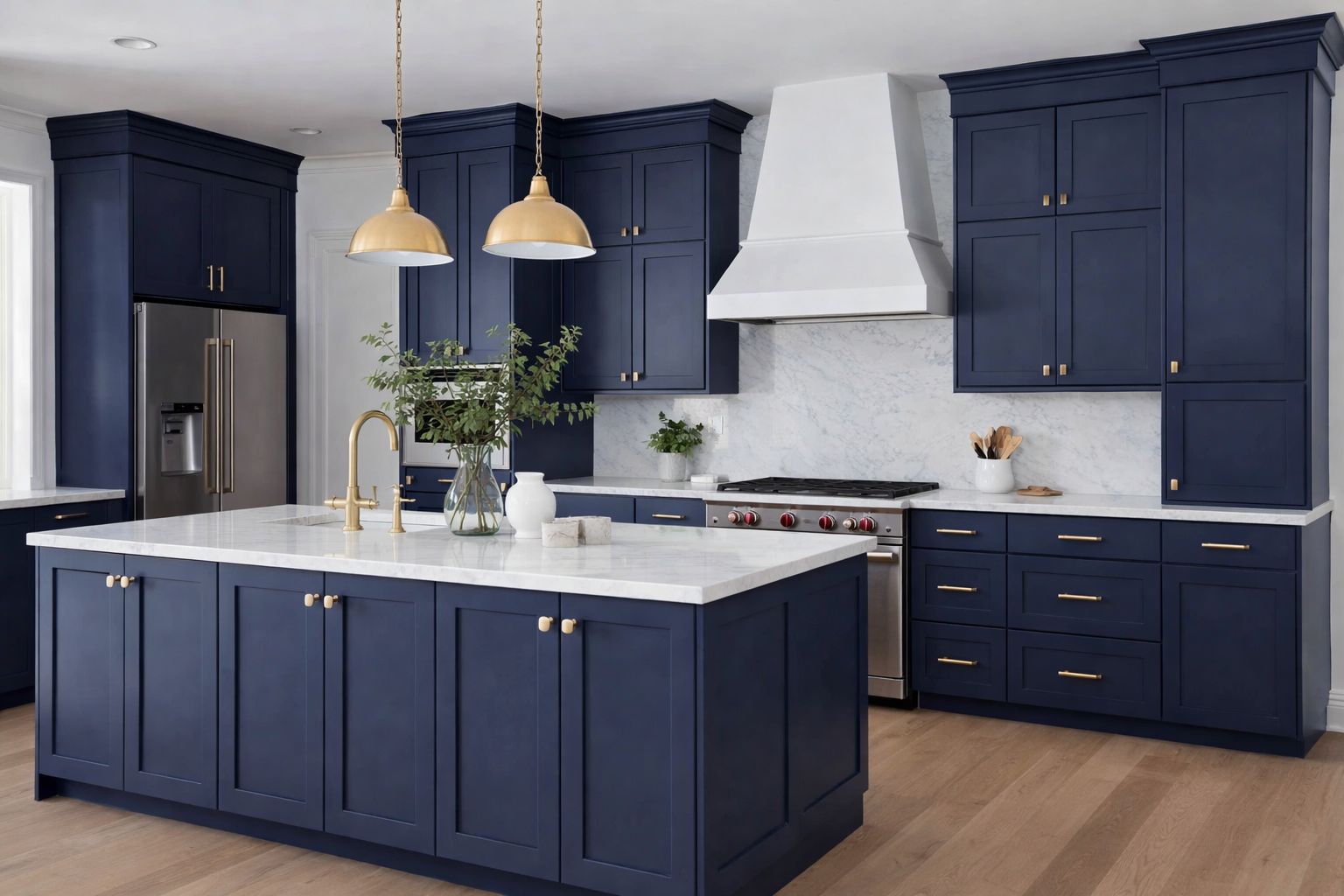 Kitchen with D4 Navy shaker cabinets, white range hood, quartz island and brass hardware