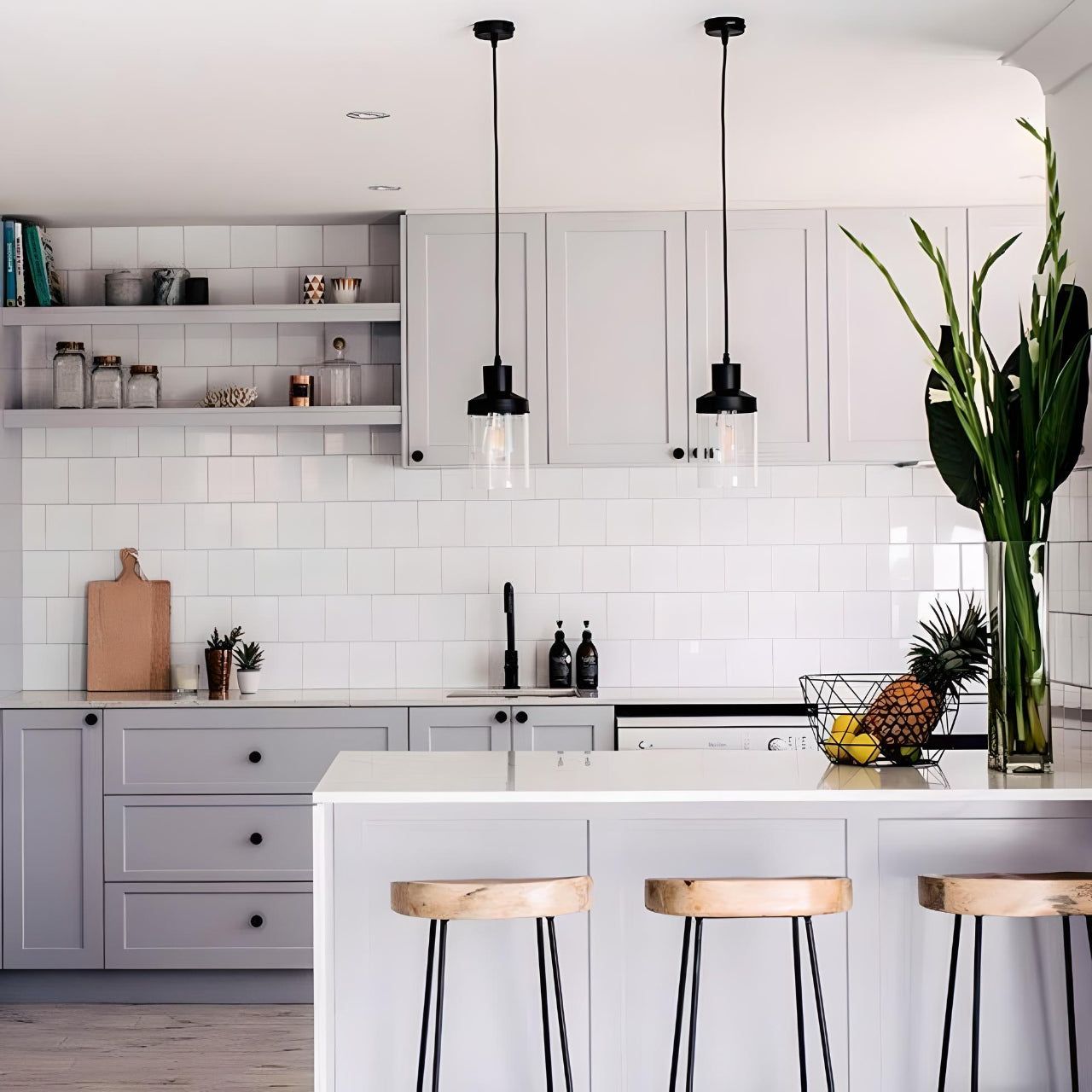 Kitchen with D6 Dove Grey shaker cabinets, open shelving and white subway tile